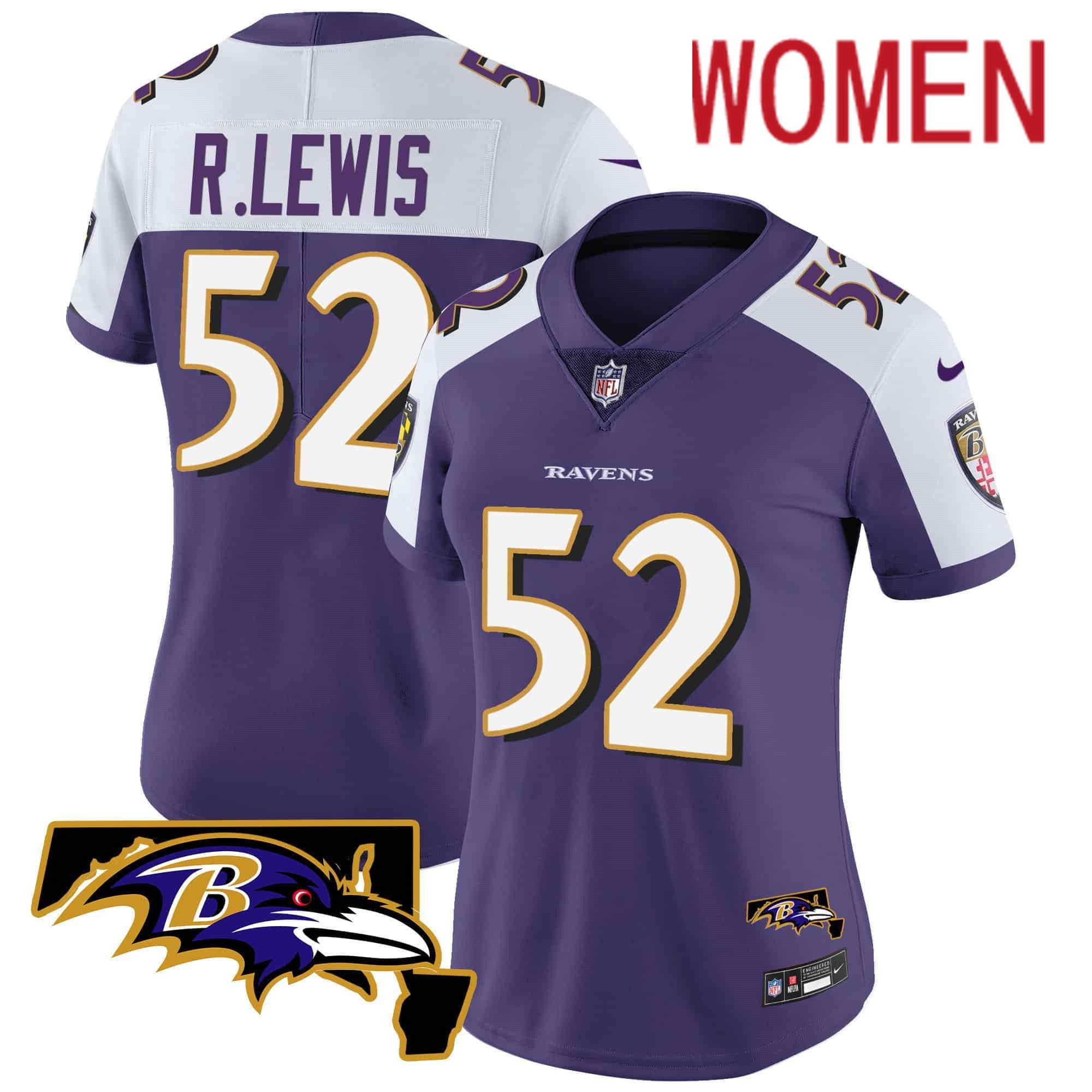 Women Baltimore Ravens #52 R.Lewis Purple 2024 Nike Maryland Patch Vapor Limited NFL Jersey